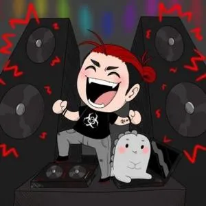 Illustrated DJ at a console surrounded by speakers
